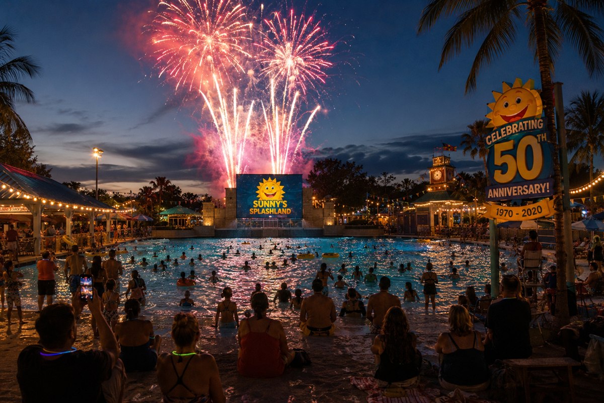 Fireworks over the wave pool at the park's 50th anniversary celebration