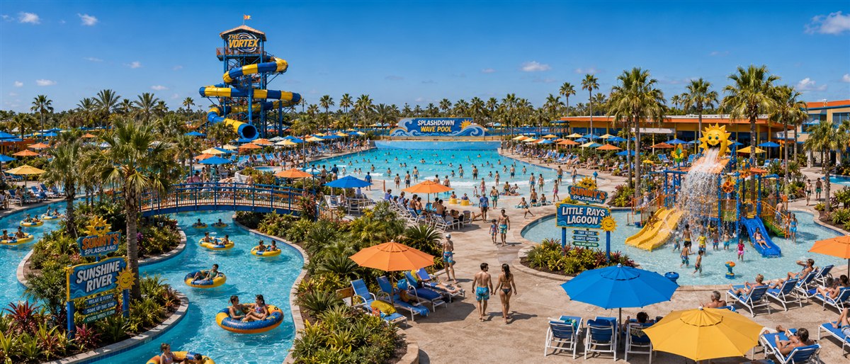Modern panorama of Sunny's Splashland on a bright summer day